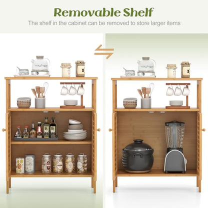 Tangkula Bamboo Floor Cabinet, Bathroom Storage Cabinet with Double Slatted Doors, Open Shelf, Removable Shelf, Storage Organizer for Bathroom Doorway Living Room Kitchen - style: Double Doors