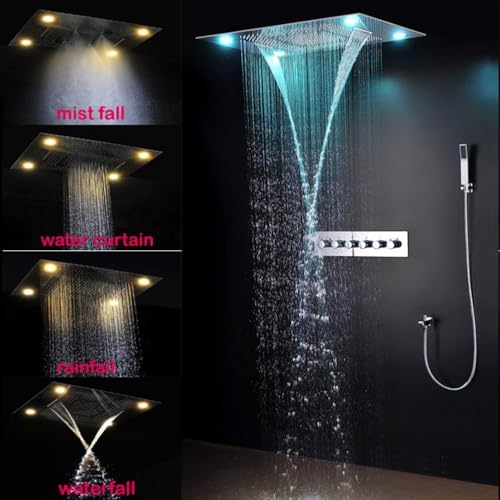 Cascada LED Modern Shower System with Handheld Shower & Spout | 5 Functions | Ceiling Mount | 23"x31" | 6-Knob Thermostatic Valve (Polished Stainless Steel) - color: Polished Stainless Steel