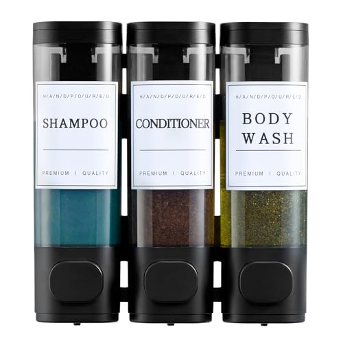 Shampoo and Conditioner Dispenser,Shower Soap Dispenser 3 Chamber No Drill Wall-Mounted for Bathroom & Hotel Leak-Proof Pumps, for Thick Liquids Like Conditioner - 1050ML High Capacity, Black - color: Matte Black