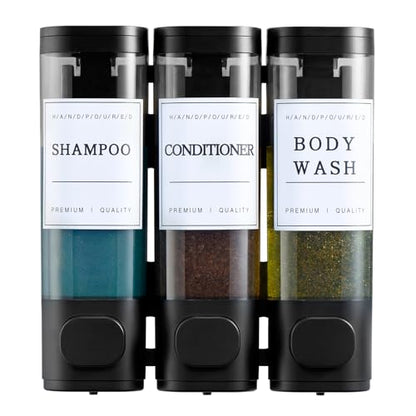 Shampoo and Conditioner Dispenser,Shower Soap Dispenser 3 Chamber No Drill Wall-Mounted for Bathroom & Hotel Leak-Proof Pumps, for Thick Liquids Like Conditioner - 1050ML High Capacity, Black - color: Matte Black