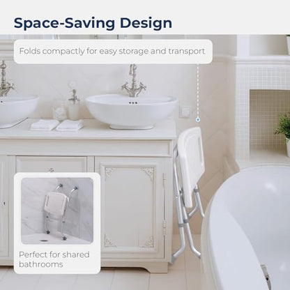 Drive Medical 12486 Folding Shower Chair, Bath Bench with Drainage, White | Folding Shower Chair Includes Drainage Holes and In-Seat Handles, Supports Users Up to 300 Pounds, White