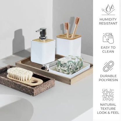 CERBIOR Bamboo Bathroom Accessories Set 6 Piece Bath Ensemble(White) | Includes Soap Dispenser, Toothbrush Holder, Toothbrush Cup, Soap Dish for Decorative Countertop and Housewarming Gift - size: Complete Set, style: White