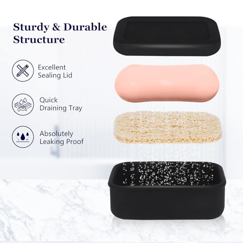 HighHerz Leak Proof Silicone Travel Soap Case with Draining Tray - Bar Soap Holder for Travel, Gym & Camping - Mess-Free Portable Soap Container for Carry-on Bags (Black) - color: Black