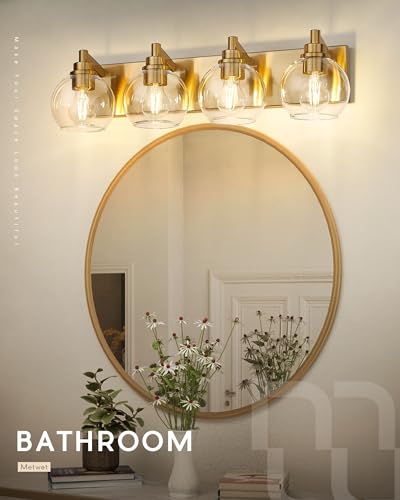 4-Light Brushed Gold Bathroom Vanity Light, Clear Glass Globe Shade | 26" modern bathroom light fixtures over mirror, E26 base, bulbs not included, VL195-BG-CL-4 - color: Brushed Gold, Clear Glass, size: 4-light