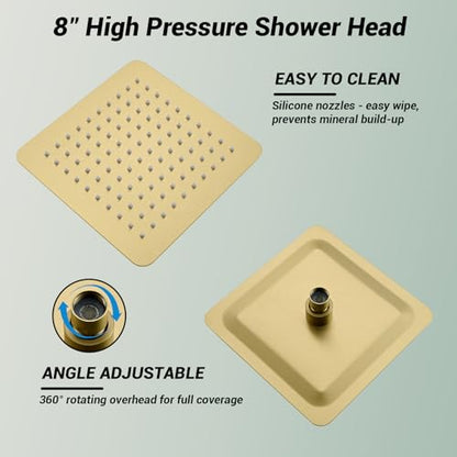 Shower Faucet Set with Valve, 8 Inch Square Rain Shower Head, Brushed Gold | SUS304 Stainless Steel, Brass Rough-in Valve, Single Handle, Air Pressure Boost, Shower Trim Kit, Male Threads - color: Brushed Gold