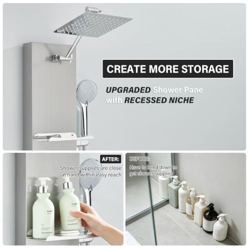 Brushed Surface Shower Panel Contemporary Wall Mount Shower Tower with Adjustable Rainfall Shower Head Large Body Jets Stainless Steel Shower System with Shelf