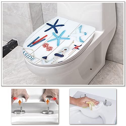 White Plastic Oval Toilet Seat with Quick Release, Top Fixing, Adjustable Hinges, Seagull and Starfish Design, One Size - color: Seagull and Starfish