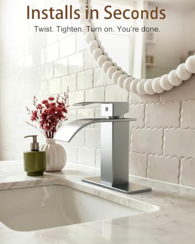 Waterfall Single Handle Bathroom Faucet with Drain Brushed Nickel | Brushed Nickel Vanity Faucet with Pop-up Drain, Ceramic Valve, for 1 or 3 Hole Modern Bathrooms. - color: Brushed Nickel