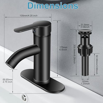 Bathroom Faucet 1 Hole, Black Vanity Faucet,Single Handle | for 1 Hole or 3 Hole Bathroom Sink, RV, Vanity,with Deck and Pop-up Drain Easy to Clean - color: Matte Black
