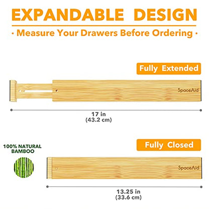 SpaceAid Bamboo Drawer Dividers (Need 2.35" Deep Drawer) Kitchen Adjustable Drawer Organizers, Expandable Organization for Home, Office, Dressers and Bathroom, 6 Dividers (13.25-17 in) - size: Short (13.25-17 in)