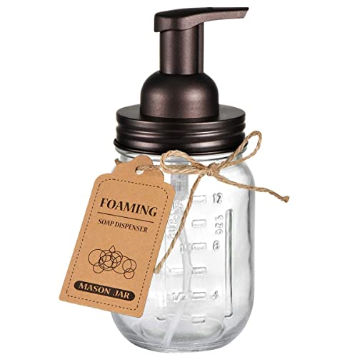 Amolliar Mason Jar Foaming Soap Dispenser, 16oz Glass Dispenser, Bronze | Rustproof Stainless Steel Lid Plastic Soap Pump, Rustic Farmhouse Decor, Refill Foam Hand Soap Dispenser for Bathroom Kitchen - color: Bronze, size: 1 Pack