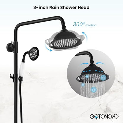 gotonovo Exposed Shower System with Spout,Matte Black,No Shower Shelf | Brass Shower Faucet Set,8’’ Rain Head with Handheld Spray,Swivel Tub Spout,2 Cross Handle,6’’ Hole Distance,Adjustable Height - color: Black