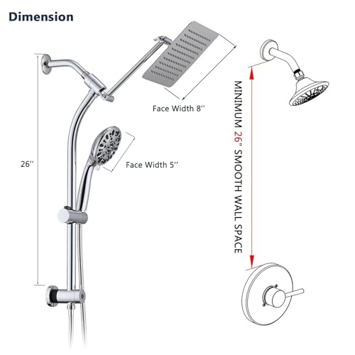 Rainfall 8 Inch Shower Head with High Pressure Handheld Spray Combo, Drill-Free Slide Bar with Adjustable Shower Extension Arm, 3-Way Low Diverter for Easy Reach, 5Ft Hose- Chrome - color: Polished Chrome