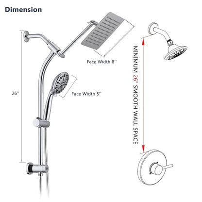Rainfall 8 Inch Shower Head with High Pressure Handheld Spray Combo, Drill-Free Slide Bar with Adjustable Shower Extension Arm, 3-Way Low Diverter for Easy Reach, 5Ft Hose- Chrome - color: Polished Chrome