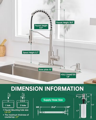 AIMADI Kitchen Faucet with Pull Down Sprayer and Soap Dispenser | Spring High Arc Design,Stainless Steel Sink Faucet,Single Handle,1 or 3 Hole with Deck Plate,Bar,RV,Laundry,Outdoor - color: Brushed Nickel