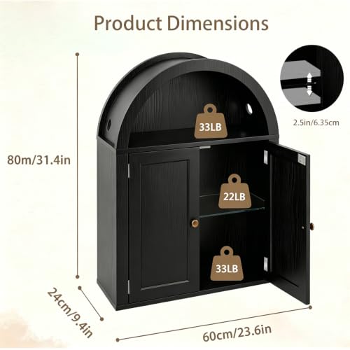 Bathroom Wall Cabinet with LED Light, Over The Toilet Storage Cabinet, Arched Bathroom Cabinet Wall Mount with 2 Doors & Adjustable Shelves, Above Bathroom Sink Cabinet for Laundry Kitchen (Black) - color: Black