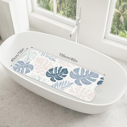 SHUCHING Blue Bath Mat for Tub Non Slip-40x16 Inch, Boho Leaves | Bathtub Mat for Women & Elderly Mold Free, Long Shower Mat for Inside Shower with Suction Cup, Machine Washable - color: Leaf
