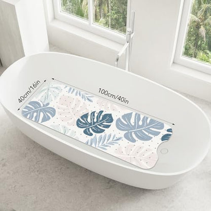 SHUCHING Blue Bath Mat for Tub Non Slip-40x16 Inch, Boho Leaves | Bathtub Mat for Women & Elderly Mold Free, Long Shower Mat for Inside Shower with Suction Cup, Machine Washable - color: Leaf