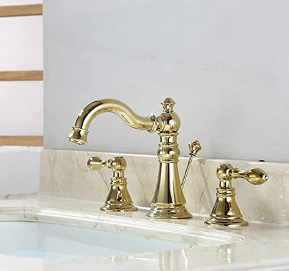 Polished Brass 2-Handle 8 Inch Widespread Bathroom Faucet, 3 Holes | Derengge Traditional Widespread Sink Faucet, With Pop-Up Drain 360° Swivel Stainless Steel Spout, F-8303-PB - color: Polished Brass