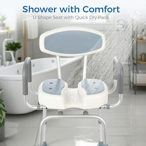 FAHKNS Senior Bathing Chair Swivel Shower Chair with Arms and Back, 400 lbs Heavy Duty U-Shape Seat for Inside Tub, Height Adjustable Safety Bath Seat for Elderly and Disabled - color: Grey