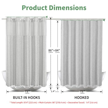eachope No Hook Extra Long Shower Curtain Set with Snap-in Liner,Linen Textured Thick Striped Fabric with Tassels,Boho Chic Modern Farmhouse Bathroom Curtain,Water-Repellent,Grey/Gray,71x86 | 230GSM Thick Fabric,Hotel Luxury Decor,Mesh Top Window,Magnetic