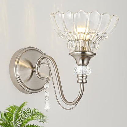 1 Piece Brushed Nickel Finish Wall Sconce, 1-Light Modern Wall Sconce with Hanging Crystal Accents and Flower-Shaped Clear Shades for Bathroom Bedroom Living Room,Modern Vanity Light - color: Nickel, size: 1-Light