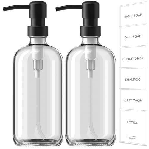 GMISUN Glass Soap Dispenser with Pump, 2 Pack Clear Bathroom Hand Soap Dispenser with Stainless Steel Pump, 17 Fl Oz Refillable Kitchen Hand and Dish Soap Dispensers Set, Modern Liquid Pump Bottles - color: Clear Bottle + Black Pump, size: 2 Pack