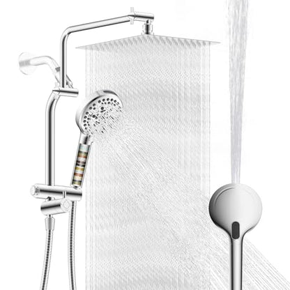 Metal 12" Rain Showerhead with 10-Spray Handheld, Easy Reach 4-way Diverter | NSF/ANSI/CAN 372 Certified, Chrome, High Pressure Shower Head with Pause Mode, 71" Stainless Steel Hose/12" Extension Arm - color: Chrome, style: Square 12"