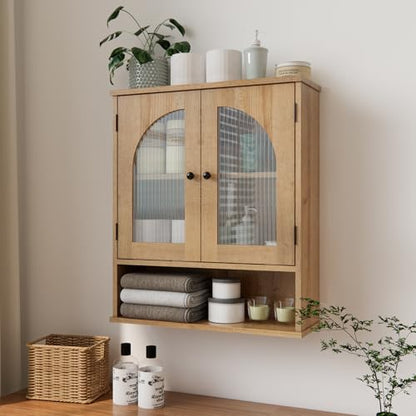 Bathroom Cabinet Wall Mounted with Tempered Glass Doors,Wooden Medicine Cabinet with Adjustable Shelf Open Shelf,Over Toilet Space Saver Storage Cupboard Natural Oak - color: Natural Oak