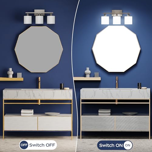 Bathroom Light Fixtures, Bathroom Lighting Fixtures Over Mirror, Classic Vanity Lights, Modern Vanity Light with Textured Frosted Opal White Glass Shades, Brushed Nickel, 3-Light - color: ‎Brushed Nickel, size: 3-Light