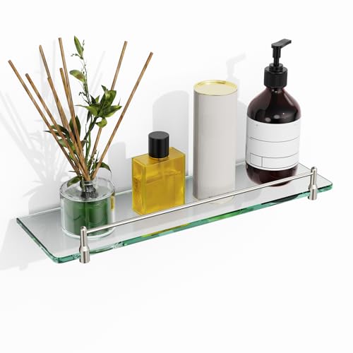 Glass Bathroom Shelves,Brushed Nickel Floating Shelves for Wall Rectangular Modern Stainless Steel Glass Shelf for Bathroom Shelves wall Mounted 16 Inch - color: Brushed Nickel, size: 16"with railing