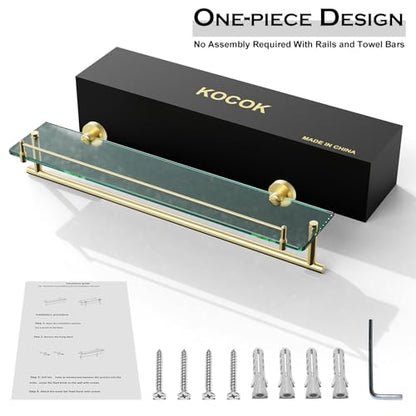 24-Inch Towel Rack with Shelf -Tempered Glass Bathroom Shelf with Towel Bar - Brushed Gold Modern Stainless Steel, Wall Mount Rustproof Tower Holder - color: Brushed Gold, size: 24-inch with Railing