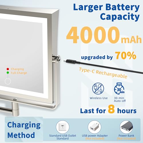 Ruacq Wall Mounted Makeup Mirror with Lights 1X/10X Brushed Nickel | 8",4000mAh Rechargeable,Magnification,3 Color,Touch Screen Dimmable,360° Rotation Extension Foldable Arm, Square, Women Gift - color: Brushed Nickel