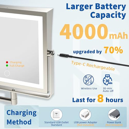 Ruacq Wall Mounted Makeup Mirror with Lights 1X/10X Brushed Nickel | 8",4000mAh Rechargeable,Magnification,3 Color,Touch Screen Dimmable,360° Rotation Extension Foldable Arm, Square, Women Gift - color: Brushed Nickel