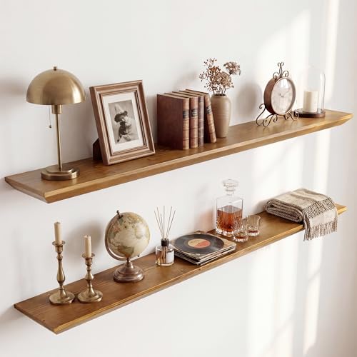 Acovy 48in Solid Spruce Wood Floating Shelves with Beveled Bottom Edges, Wooden Floating Shelf with Heavy-Duty Bracket for Living Room Bathroom Bedroom Kitchen, Rustic Light Brown, Set of 2 - color: Rustic Light Brown, size: 48"-2 Packs