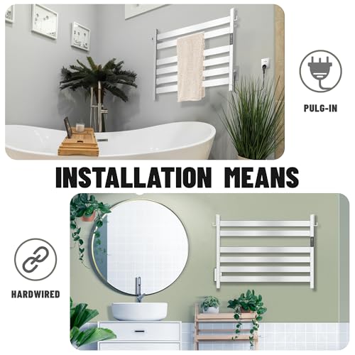 K&KALONZO Towel Warmer for Bathroom, Wall-Mounted 6-Bar Heated Towel Rack with Built-in Timer, Waterproof Electric Towel Heater, Support Plug-in and Hardwired, Polished, EL18M