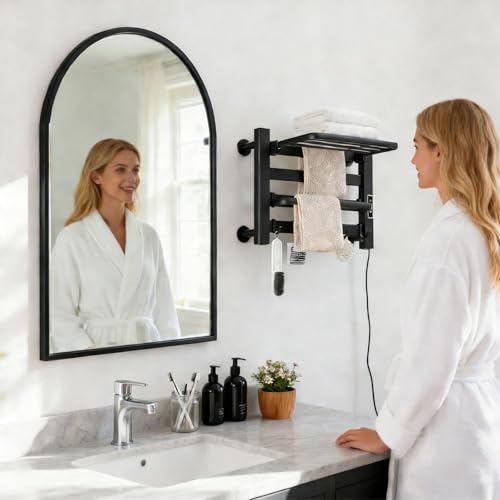 Towel Warmer Rack, Space Aluminum Electric Heated Towel Racks for Bathroom, 4 Bars Wall Mounted Bath Towel Heater with Built-in Timer&Temperature Adjustment, Plug-in, Matte Black - color: Matte Black