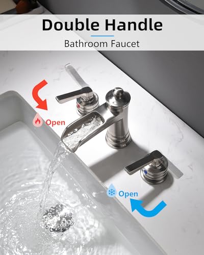 Fapully Brushed Nickel Bathroom Sink Faucet, Waterfall Bathroom Faucets 3 Hole, 8 Inch Widespread Bathroom Faucet with Pop-up Drain, 2-Handle Faucet for Bathroom Sink Vanity RV - color: Brushed Nickel