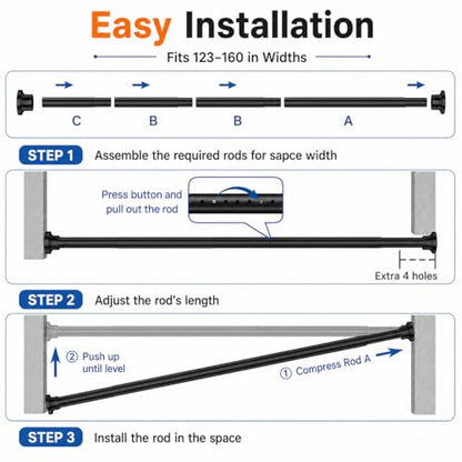 ALLZONE Tension Curtain Rod for Windows, 123 to 160 Inch, Heavy Duty Extra Long Curtain Rods, Non-Slip Bathroom Shower Tension Rod, Renter Friendly, Adjustable, Spring Loaded, Black - color: Black, size: 123-160 Inches
