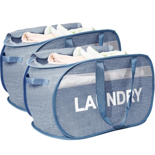 Collapsible Laundry Basket 2 pack, Foldable Pop Up Blue Laundry Baskets Mesh with Lid & Handle, Pop Up Collapsible Laundrys Hamper, Fabric Laundrys Baskets for Dorm, Travel, Bathroom - color: Blue