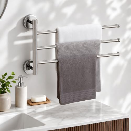 Solid Brass Swivel Towel Bar, Brushed Gold Bathroom Towel Rack, No Drill Adhesive Wall Mounted Rail Hanger, Space Saving Multi Arm Holder for Kitchen Restroom(Silver,19cm) - color: Silver, size: 19cm
