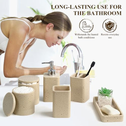 Bathroom Accessories Set 6 Piece Soap Dispenser Set Travertine Beige | Bathroom Set with Toothbrush Holders, Soap Dispenser, Vanity Tray, Tumbler, Cotton Swab Jars, Bathroom Organizer and Storage - color: Travertine Beige
