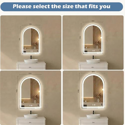 Sweetcrispy Arched LED Bathroom Mirror with Lights, Vanity Mirror, 28"x36" | Anti-Fog, Dimmable, 3-Color Light, Backlit, Memory Function, Tempered Glass