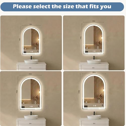 Sweetcrispy 24x 36 Inch Arched LED Bathroom Backlit Mirror with Lights | Vanity Wall Mirrors with Anti-Fog, Dimmable, 3-Color Light, Memory Function, Tempered Glass