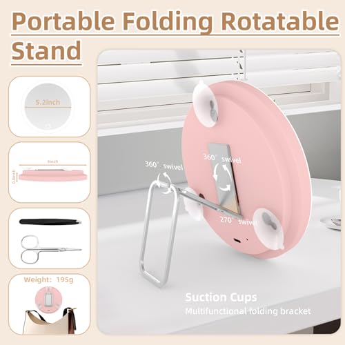 Large 6" Lighted 30x Magnified Makeup Mirror with Suction Cups & Table Stand, Travel & Home Use - color: 30x -Pink
