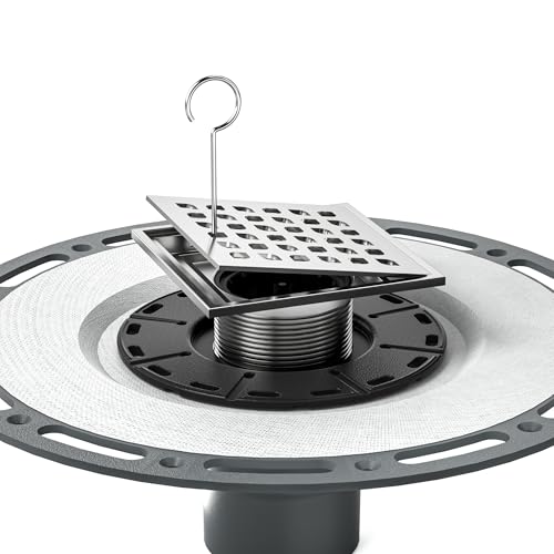 Square Shower Drain with PVC Bonding Flange Base, 4" Brushed | 304 Stainless Steel Drain w/ Drain Key for Low Profile Shower Tiles, CUPC Certified - color: Brushed4"