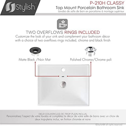 Stylish Drop in Bathroom Sink 20 1/4 x 16 Inch Porcelain Rectangular Bathroom Sinks Shiny Finish Smooth and Stain Resistant Surface with Chrome and Matte Black Overflow, P-210H - style: Modern