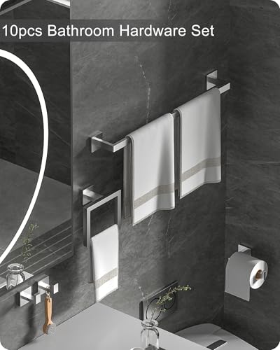 Brushed Nickel Bathroom Hardware Set 10 Pieces Includs 2pcs 24 inch Towel bar, 2pcs Towel Ring, 2pcs Toilet Paper Holder, 4pcs Towel Hook (Brushed-10PCS-24Inch)