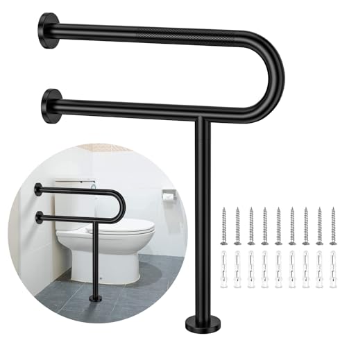Toilet Support Rail 24x28 Inch, Munzong Anti-Slip Black Handicap Grab Bar | Folding Stainless Steel Knurled Safety handrails with Leg for Bathroom Elderly Disabled Pregnant-1.25’Tube - color: Black, size: 24 Inch