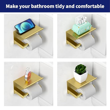 GLNLQ Brushed Gold Toilet Paper Holder Wall Mount, Fits Mega Rolls Size Rustproof Self Adhesive Brushed Brass Toilet Paper Holder Gold with Shelf | Fits Mega Rolls Size, Waterproof and Rustproof Stainless Steel, with Shelf Wall Mount Design, Thickened Thi